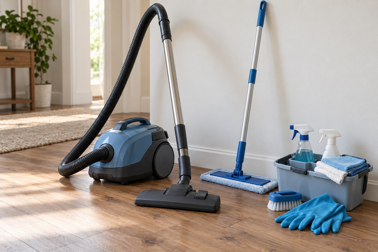 Illustrative vacuum, mop, microfiber cloths and cleaning caddy