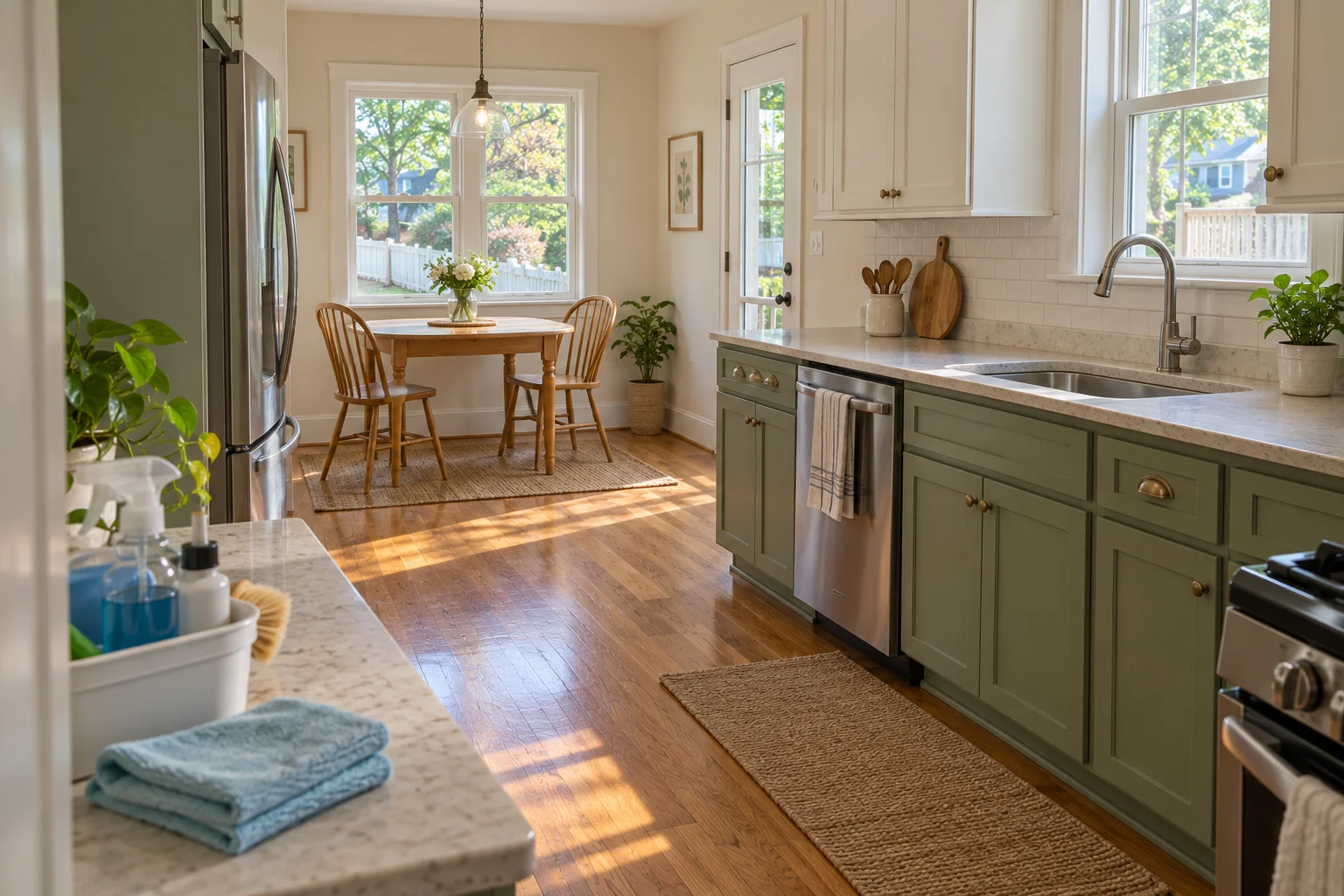 Illustrative family kitchen with sage cabinets, clean counters and a breakfast nook