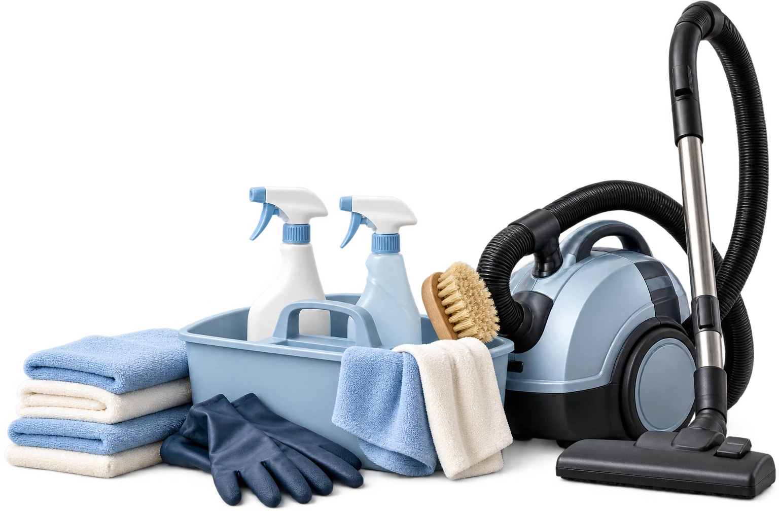 Professional cleaning kit with a vacuum, blue caddy, sprays, brushes, gloves and folded microfiber cloths