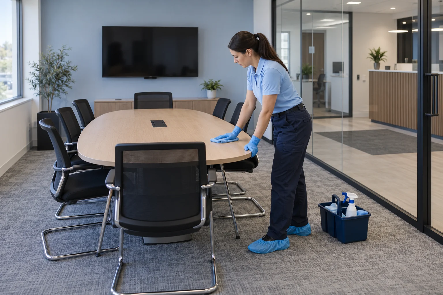 Illustrative professional cleaner wearing shoe covers and wiping an office meeting table