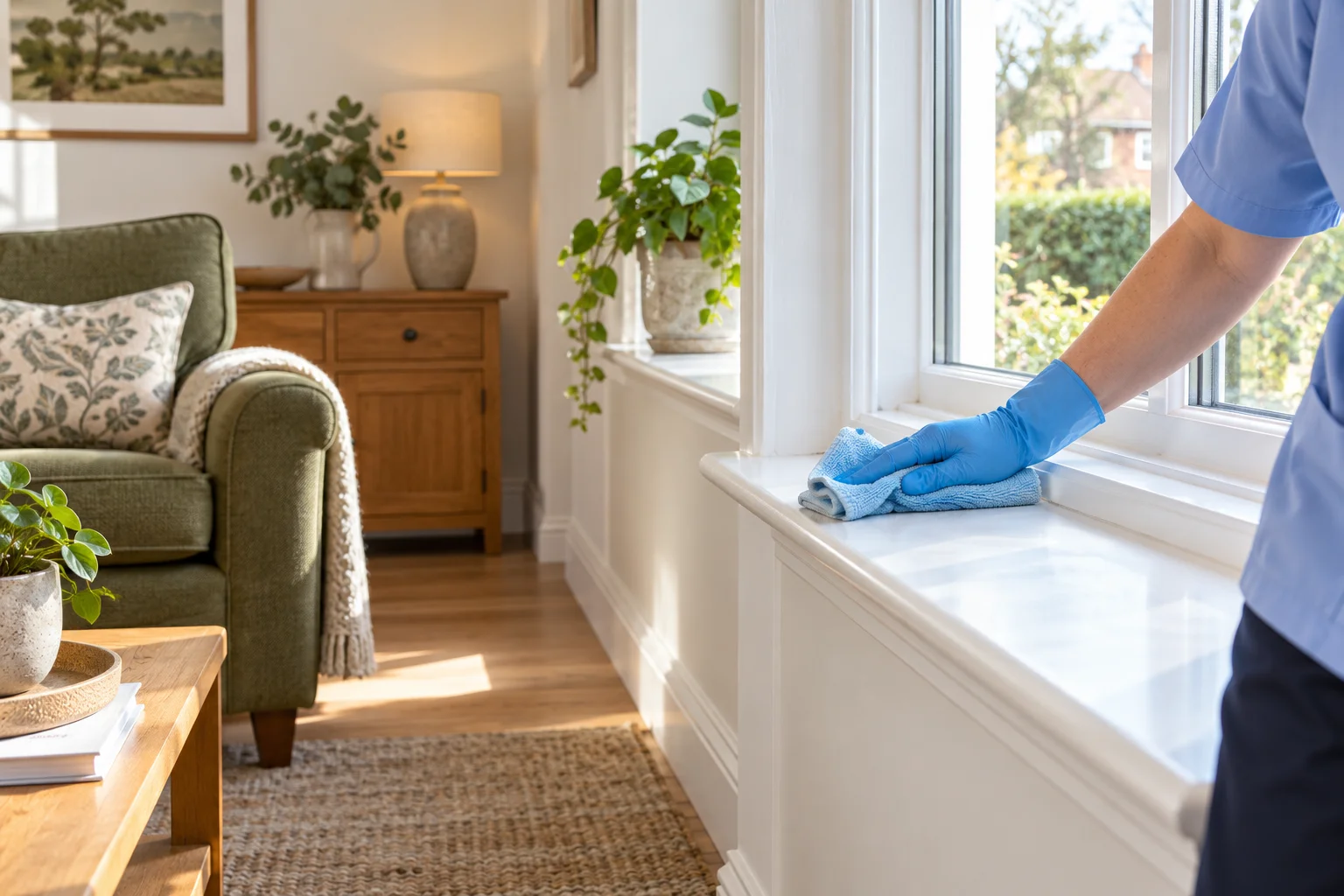 Illustrative gloved cleaner carefully wiping a windowsill in a bright sitting room